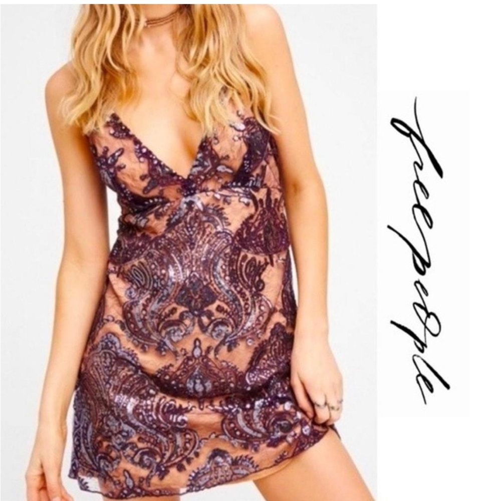 Free People Night Shimmer Sequin Mini Dress Purple Lace Nude Slip Size 4